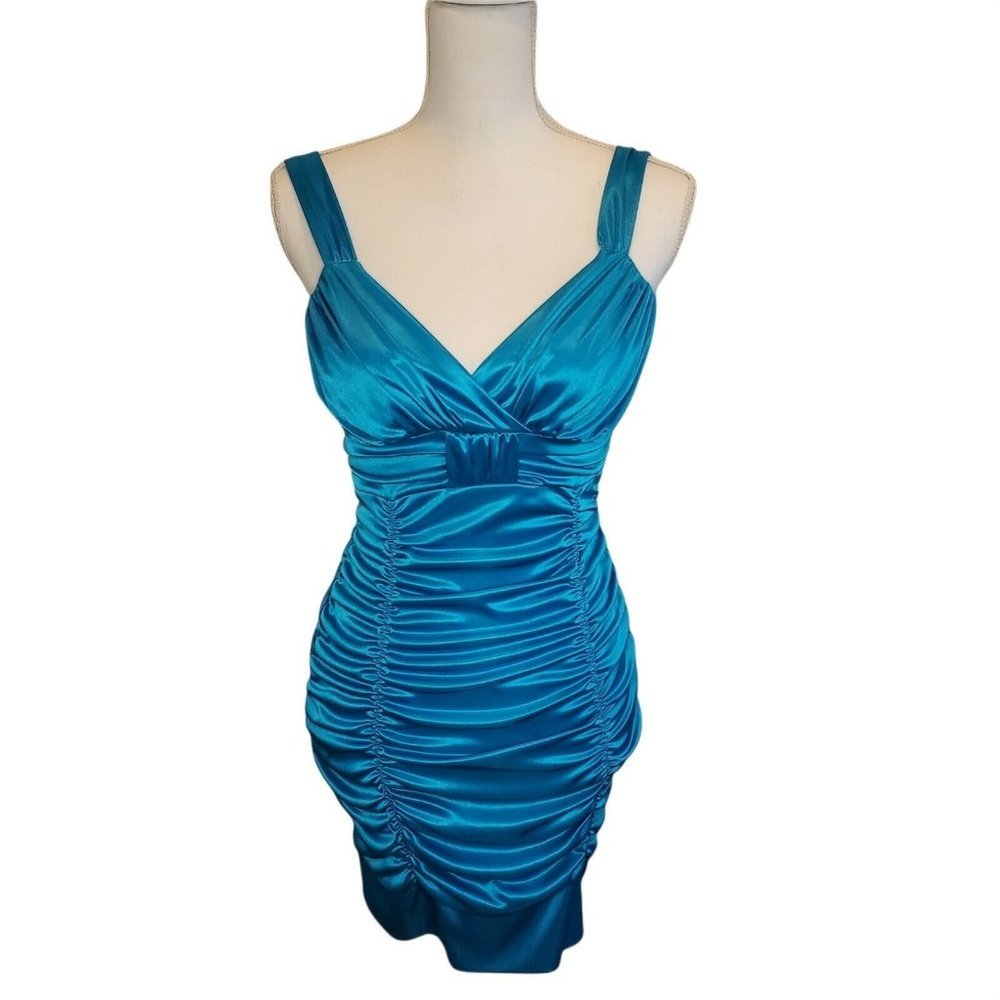 Y2k Womens Ruched Bodycon Mini Dress Satin Aqua Blue Size Xs Sleeveless Sexy
